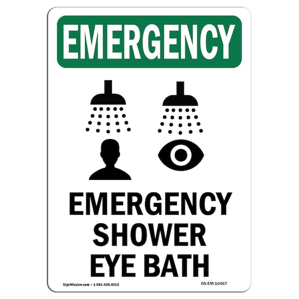 Safety Sign, OSHA EMERGENCY, 5" Height, Shower Eye Bath, Portrait, 10PK